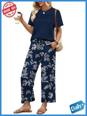 Two Piece Lounge Set Short Sleeve Wide Leg Pants Travel Outfit